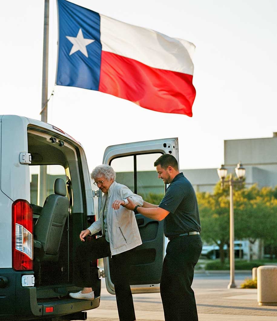 A man in a wheelchair getting into a Non-Emergency Medical Transport in Texas
